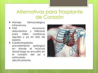 Alternativas para Trasplante
de Corazón
Manejo farmacológico
intravenoso.
FAD reconoce:
dobutamina y milrinone
para fallas cardiacas
agudas y px en lista de
espera.
Cardiomioplastía:
procedimiento quirúrgico
en donde el músculo
dorsal largo es envuelto en
el corazón del px y
estimulado
eléctricamente.
 