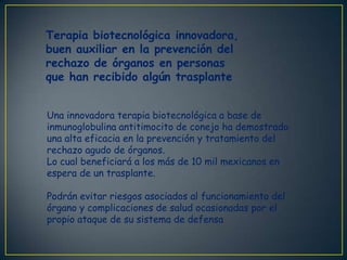 Terapia biotecnológica innovadora,
buen auxiliar en la prevención del
rechazo de órganos en personas
que han recibido algún trasplante


Una innovadora terapia biotecnológica a base de
inmunoglobulina antitimocito de conejo ha demostrado
una alta eficacia en la prevención y tratamiento del
rechazo agudo de órganos.
Lo cual beneficiará a los más de 10 mil mexicanos en
espera de un trasplante.

Podrán evitar riesgos asociados al funcionamiento del
órgano y complicaciones de salud ocasionadas por el
propio ataque de su sistema de defensa.
 