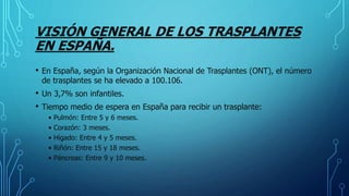 VISIÓN GENERAL DE LOS TRASPLANTES
EN ESPAÑA.
• En España, según la Organización Nacional de Trasplantes (ONT), el número
de trasplantes se ha elevado a 100.106.
• Un 3,7% son infantiles.
• Tiempo medio de espera en España para recibir un trasplante:
• Pulmón: Entre 5 y 6 meses.
• Corazón: 3 meses.
• Hígado: Entre 4 y 5 meses.
• Riñón: Entre 15 y 18 meses.
• Páncreas: Entre 9 y 10 meses.
 