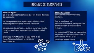 Rechazo agudo
Es el que se presenta semanas o pocos meses después
del trasplante.
Se debe generalmente a grados de disimilitud en la
histocompatibilidad entre donante y receptor.
La respuesta de rechazo es tanto de inmunidad celular
como humoral, pero suele predominar la inmunidad
celular.
El empleo de AcMc contra el CD3 (OKT-3) da
magníficos resultados en el manejo de
este problema.
RECHAZO DE TRASPLANTES
Ocurre en meses o años
 