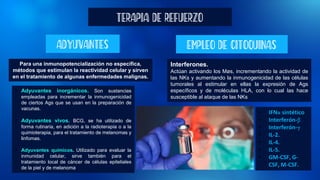 TERAPIA DE REFUERZO
ADYUVANTES
Para una inmunopotencialización no específica,
métodos que estimulan la reactividad celular y sirven
en el tratamiento de algunas enfermedades malignas.
• Adyuvantes inorgánicos. Son sustancias
empleadas para incrementar la inmunogenicidad
de ciertos Ags que se usan en la preparación de
vacunas.
• Adyuvantes vivos. BCG, se ha utilizado de
forma rutinaria, en adición a la radioterapia o a la
quimioterapia, para el tratamiento de melanomas y
linfomas.
• Adyuvantes químicos. Utilizado para evaluar la
inmunidad celular, sirve también para el
tratamiento local de cáncer de células epiteliales
de la piel y de melanoma
EMPLEO DE CITOQUINAS
Interferones.
Actúan activando los Møs, incrementando la actividad de
las NKs y aumentando la inmunogenicidad de las células
tumorales al estimular en ellas la expresión de Ags
específicos y de moléculas HLA, con lo cual las hace
susceptible al ataque de las NKs
• IFNα sintético
• Interferón-β
• Interferón-γ
• IL-2.
• IL-4.
• IL-5.
• GM-CSF, G-
CSF, M-CSF.
 