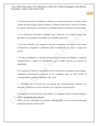 Universidad Colegio Mayor de Cundinamarca. Grupo IVB - Sanabria Domínguez Deisy Maritza.
Presentado a: Suárez Vargas Clara Cecilia
22
2. Se hayan destruido los documentos, elementos o el material electoral, así como cuando
se haya ejercido cualquier tipo de violencia o sabotaje contra estos o contra los sistemas
de votación, información, transmisión o consolidación de los resultados de las elecciones.
3. Los documentos electorales contengan datos contrarios a la verdad o hayan sido
alterados con el propósito de modificar los resultados electorales.
4. Los votos emitidos en la respectiva elección se computen con violación del sistema
constitucional o legalmente establecido para la distribución de curules o cargos por
proveer.
5. Se elijan candidatos o se nombren personas que no reúnan las calidades y requisitos
constitucionales o legales de elegibilidad o que se hallen incursas en causales de
inhabilidad.
6. Los jurados de votación o los miembros de las comisiones escrutadoras sean cónyuges,
compañeros permanentes o parientes de los candidatos hasta en tercer grado de
consanguinidad, segundo de afinidad o único civil.
7. Tratándose de la elección por voto popular por circunscripciones distintas a la
nacional, los electores no sean residentes en la respectiva circunscripción.
8. Tratándose de la elección por voto popular, el candidato incurra en doble militancia
política al momento de la elección.
NOTA: El texto subrayado fue declarado INEXEQUIBLE por la Corte Constitucional
mediante Sentencia C-334 de 2014”.
 