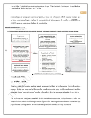 Universidad Colegio Mayor de Cundinamarca. Grupo IVB - Sanabria Domínguez Deisy Maritza.
Presentado a: Suárez Vargas Clara Cecilia
25
para sufragar en la respectiva circunscripción, se hace esta aclaración debido a que el modelo que
se toma como ejemplo para explicar la impugnación de la inscripción de cedulas es del 2012 y en
el 2014 se da un cambio en el plazo de inscripción.
Tomado de la MOE
IX. CONCLUSIÓN
Esta investigación buscaba analizar desde un marco jurídico la trashumancia electoral dando a
conocer desde que aspectos jurídicos se ha tratado de regular este problema electoral, también
conocido como “trasteo de votos” que ha vulnerado el derecho a una participación democrática.
Por medio de este trabajo se conoció la definición del trasteo de votos, de igual manera cuáles han
sido las fuentes jurídicas que han permitido regular cada día este problema electoral, que nos acoge
y que muchas veces por falta de conocimiento y factores externos se llega a cometer.
 
