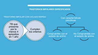 Cumplen
los criterios
TB que
presenta
por lo
menos 4
episodios
en 1 año
TRASTORNO BIPOLAR CON CICLADO RÁPIDO
TRASTORNOS BIPOLARES ESPECIFICADOS
Con características
psicóticas
Congruentes con el
estado de animo
No Congruentes con
el estado de animo
 