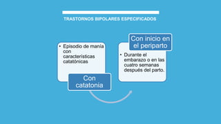 TRASTORNOS BIPOLARES ESPECIFICADOS
• Episodio de manía
con
características
catatónicas
Con
catatonia
• Durante el
embarazo o en las
cuatro semanas
después del parto.
Con inicio en
el periparto
 