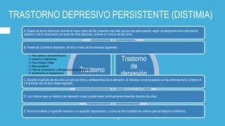 TRASTORNO DEPRESIVO PERSISTENTE (DISTIMIA)
Trastorno
de
depresión
mayor
crónico
Trastorno
distímico
A. Estado de ánimo deprimido durante la mayor parte del día, presente más días que los que está ausente, según se desprende de la información
subjetiva o de la observación por parte de otras personas, durante un mínimo de dos años.
B. Presencia, durante la depresión, de dos (o más) de los síntomas siguientes:
• 1. Poco apetito o sobrealimentación.
• 2. Insomnio o hipersomnia.
• 3. Poca energía o fatiga.
• 4. Baja autoestima.
• 5. Falta de concentración o dificultad para tomar decisiones.
• 6. Sentimientos de desesperanza.
C. Durante el período de dos años (un año en niños y adolescentes) de la alteración, el individuo nunca ha estado sin los síntomas de los Criterios A
y B durante más de dos meses seguidos.
D. Los criterios para un trastorno de depresión mayor pueden estar continuamente presentes durante dos años.
E. Nunca ha habido un episodio maníaco o un episodio hipomaníaco, y nunca se han cumplido los criterios para el trastorno ciclotímico.
 