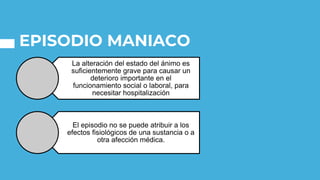 EPISODIO MANIACO
La alteración del estado del ánimo es
suficientemente grave para causar un
deterioro importante en el
funcionamiento social o laboral, para
necesitar hospitalización
El episodio no se puede atribuir a los
efectos fisiológicos de una sustancia o a
otra afección médica.
 