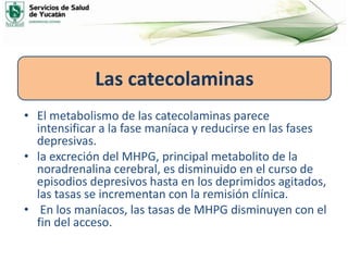 • El metabolismo de las catecolaminas parece
intensificar a la fase maníaca y reducirse en las fases
depresivas.
• la excreción del MHPG, principal metabolito de la
noradrenalina cerebral, es disminuido en el curso de
episodios depresivos hasta en los deprimidos agitados,
las tasas se incrementan con la remisión clínica.
• En los maníacos, las tasas de MHPG disminuyen con el
fin del acceso.
Las catecolaminas
 