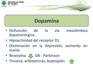• Disfunción de la vía mesolímbica
dopaminérgico.
• Hipoactividad del receptor D1
• Disminución en la depresión, aumento en
manía.
• Reserpina DA - Parkinson
• Tirosina, anfetaminas, bupropión.
Dopamina
 