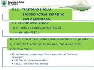 F31.3 .- TRASTORNO BIPOLAR
EPISODIO ACTUAL: DEPRESIVO
LEVE O MODERADO.
A. El episodio actual cumple
los criterios de depresivo leve (F32.0)
o moderado (F32.1)
• Un quinto carácter para especificar la presencia del “síndrome
somático”
• F31.30.- sin síndrome somático
• F31.31.- con síndrome somático
B. Ha existido al menos otro episodio afectivo en el pasado
que cumplía los criterios hipomanía, manía, depresivo,
afectivo o mixto
 
