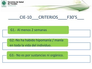 _____CIE-10___CRITERIOS____F30’S___
G1.- Al menos 2 semanas
G2.-No ha habido hipomanía / manía
en toda la vida del individuo.
G3.- No es por sustancias ni orgánico.
 