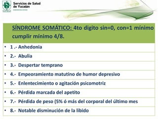 SÍNDROME SOMÁTICO: 4to digito sin=0, con=1 mínimo
cumplir mínimo 4/8.
• 1 .- Anhedonia
• 2.- Abulia
• 3.- Despertar temprano
• 4.- Empeoramiento matutino de humor depresivo
• 5.- Enlentecimiento o agitación psicomotriz
• 6.- Pérdida marcada del apetito
• 7.- Pérdida de peso (5% ó más del corporal del último mes
• 8.- Notable disminución de la libido
 
