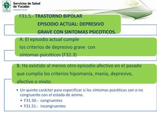 F31.5.- TRASTORNO BIPOLAR
EPISODIO ACTUAL: DEPRESIVO
GRAVE CON SINTOMAS PSICOTICOS.
A. El episodio actual cumple
los criterios de depresivo grave con
síntomas psicóticos (F32.3)
• Un quinto carácter para especificar si los síntomas psicóticos son o no
congruente con el estado de animo.
• F31.50.- congruentes
• F31.51.- incongruentes
B. Ha existido al menos otro episodio afectivo en el pasado
que cumplía los criterios hipomanía, manía, depresivo,
afectivo o mixto
 