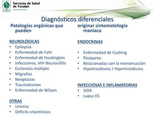 Diagnósticos diferenciales
Patologías orgánicas que
pueden
NEUROLÓGICAS
• Epilepsia
• Enfermedad de Fahr
• Enfermedad de Huntington
• Infecciones. VIH Neurosífilis
• Esclerosis múltiple
• Migrañas
• Neoplasias
• Traumatismos
• Enfermedad de Wilson
OTRAS
• Uremia
• Déficits vitamínicos
originar sintomatología
maníaca
ENDOCRINAS
• Enfermedad de Cushing
• Postparto
• Relacionadas con la menstruación
• Hipotiroidismo / Hipertiroidismo
INFECCIOSAS E INFLAMATORIAS
• SIDA
• Lupus ES
 