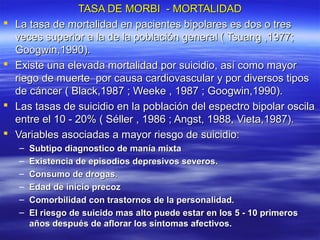 TASA DE MORBI - MORTALIDADTASA DE MORBI - MORTALIDAD
 La tasa de mortalidad en pacientes bipolares es dos o tresLa tasa de mortalidad en pacientes bipolares es dos o tres
veces superior a la de la población general ( Tsuang ,1977;veces superior a la de la población general ( Tsuang ,1977;
Googwin,1990).Googwin,1990).
 Existe una elevada mortalidad por suicidio, así como mayorExiste una elevada mortalidad por suicidio, así como mayor
riego de muerte por causa cardiovascular y por diversos tiposriego de muerte por causa cardiovascular y por diversos tipos
de cáncer ( Black,1987 ; Weeke , 1987 ; Googwin,1990).de cáncer ( Black,1987 ; Weeke , 1987 ; Googwin,1990).
 Las tasas de suicidio en la población del espectro bipolar oscilaLas tasas de suicidio en la población del espectro bipolar oscila
entre el 10 - 20% ( Séller , 1986 ; Angst, 1988, Vieta,1987).entre el 10 - 20% ( Séller , 1986 ; Angst, 1988, Vieta,1987).
 Variables asociadas a mayor riesgo de suicidio:Variables asociadas a mayor riesgo de suicidio:
– Subtipo diagnostico de manía mixtaSubtipo diagnostico de manía mixta
– Existencia de episodios depresivos severos.Existencia de episodios depresivos severos.
– Consumo de drogas.Consumo de drogas.
– Edad de inicio precozEdad de inicio precoz
– Comorbilidad con trastornos de la personalidad.Comorbilidad con trastornos de la personalidad.
– El riesgo de suicido mas alto puede estar en los 5 - 10 primerosEl riesgo de suicido mas alto puede estar en los 5 - 10 primeros
años después de aflorar los síntomas afectivos.años después de aflorar los síntomas afectivos.
 