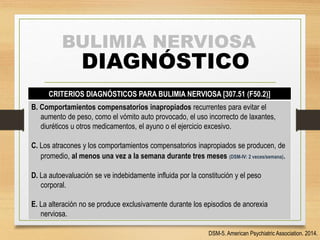 BULIMIA NERVIOSA
DIAGNÓSTICO
CRITERIOS DIAGNÓSTICOS PARA BULIMIA NERVIOSA [307.51 (F50.2)]
B. Comportamientos compensatorios inapropiados recurrentes para evitar el
aumento de peso, como el vómito auto provocado, el uso incorrecto de laxantes,
diuréticos u otros medicamentos, el ayuno o el ejercicio excesivo.
C. Los atracones y los comportamientos compensatorios inapropiados se producen, de
promedio, al menos una vez a la semana durante tres meses (DSM-IV: 2 veces/semana).
D. La autoevaluación se ve indebidamente influida por la constitución y el peso
corporal.
E. La alteración no se produce exclusivamente durante los episodios de anorexia
nerviosa.
DSM-5. American Psychiatric Association. 2014.
 