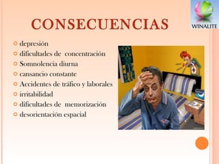 CONSECUENCIAS depresión dificultades de concentración Somnolencia diurna cansancio constante Accidentes de tráfico y laborales irritabilidad dificultades de memorización desorientación espacial 