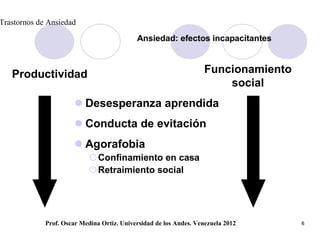 Trastornos de Ansiedad

                                            Ansiedad: efectos incapacitantes



   Productividad                                                    Funcionamiento
                                                                        social
                        Desesperanza aprendida
                        Conducta de evitación
                        Agorafobia
                            Confinamiento en casa
                            Retraimiento social




             Prof. Oscar Medina Ortiz. Universidad de los Andes. Venezuela 2012      6
 