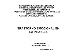 REPÚBLICA BOLIVARIANA DE VENEZUELA
UNIVERSIDAD BICENTENARIA DE ARAGUA
VICERRECTORADO ACADÉMICO
FACULTAD DE CIENCIAS ADMINISTRATIVAS Y SOCIALES
ESCUELA DE PSICOLOGÍA
VALLE DE LA PASCUA, ESTADO GUÁRICO.
INTEGRANTE:
JUSBETZY CARRILLO
Noviembre 2019
TRASTORNO EMOCIONAL EN
LA INFANCIA
 