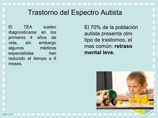 Trastorno del Espectro Autista
El TEA suelen
diagnosticarse en los
primeros 4 años de
vida, sin embargo
algunos médicos
especialistas han
reducido el tiempo a 6
meses.
El 70% de la población
autista presenta otro
tipo de trastornos, el
mas común: retraso
mental leve.
 
