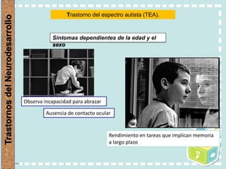 Síntomas dependientes de la edad y el
sexo
Trastorno del espectro autista (TEA).
Ausencia de contacto ocular
Observa incapacidad para abrazar
Rendimiento en tareas que implican memoria
a largo plazo
 