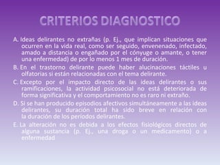 A. Ideas delirantes no extrañas (p. Ej., que implican situaciones que ocurren en la vida real, como ser seguido, envenenado, infectado, amado a distancia o engañado por el cónyuge o amante, o tener una enfermedad) de por lo menos 1 mes de duración. B. En el trastorno delirante puede haber alucinaciones táctiles u olfatorias si están relacionadas con el tema delirante. C. Excepto por el impacto directo de las ideas delirantes o sus ramificaciones, la actividad psicosocial no está deteriorada de forma significativa y el comportamiento no es raro ni extraño. D. Si se han producido episodios afectivos simultáneamente a las ideas delirantes, su duración total ha sido breve en relación con la duración de los períodos delirantes. E. La alteración no es debida a los efectos fisiológicos directos de alguna sustancia (p. Ej., una droga o un medicamento) o a enfermedad 