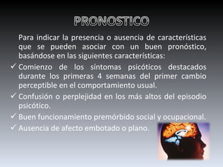 Para indicar la presencia o ausencia de características que se pueden asociar con un buen pronóstico, basándose en las siguientes características: Comienzo de los síntomas psicóticos destacados durante los primeras 4 semanas del primer cambio perceptible en el comportamiento usual. Confusión o perplejidad en los más altos del episodio psicótico. Buen funcionamiento premórbido social y ocupacional. Ausencia de afecto embotado o plano. 
