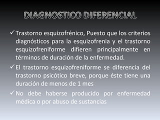 Trastorno esquizofrénico, Puesto que los criterios diagnósticos para la esquizofrenia y el trastorno esquizofreniforme difieren principalmente en términos de duración de la enfermedad. El trastorno esquizofreniforme se diferencia del trastorno psicótico breve, porque éste tiene una duración de menos de 1 mes No debe haberse producido por enfermedad médica o por abuso de sustancias  