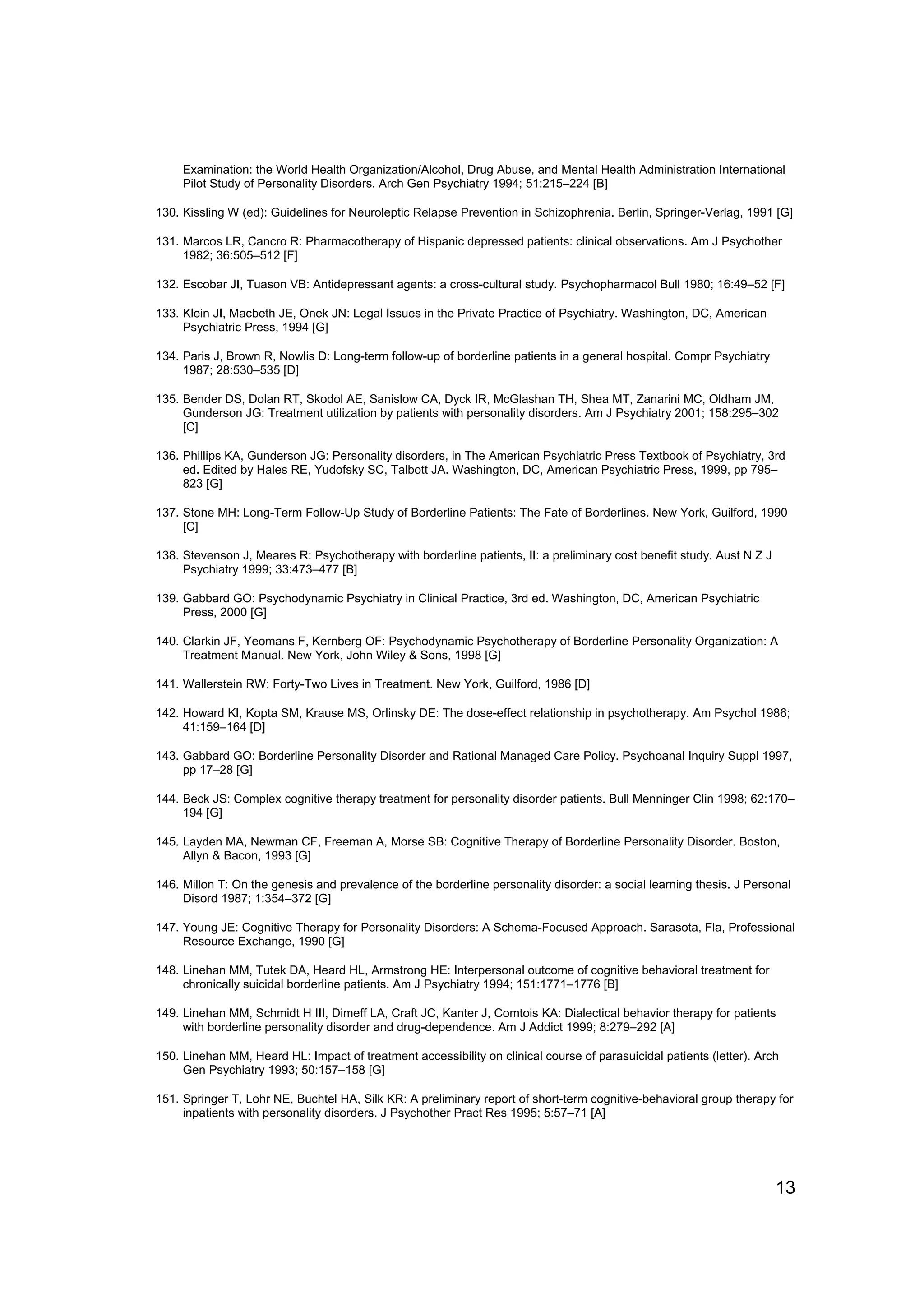 Examination: the World Health Organization/Alcohol, Drug Abuse, and Mental Health Administration International
     Pilot Study of Personality Disorders. Arch Gen Psychiatry 1994; 51:215–224 [B]

130. Kissling W (ed): Guidelines for Neuroleptic Relapse Prevention in Schizophrenia. Berlin, Springer-Verlag, 1991 [G]

131. Marcos LR, Cancro R: Pharmacotherapy of Hispanic depressed patients: clinical observations. Am J Psychother
     1982; 36:505–512 [F]

132. Escobar JI, Tuason VB: Antidepressant agents: a cross-cultural study. Psychopharmacol Bull 1980; 16:49–52 [F]

133. Klein JI, Macbeth JE, Onek JN: Legal Issues in the Private Practice of Psychiatry. Washington, DC, American
     Psychiatric Press, 1994 [G]

134. Paris J, Brown R, Nowlis D: Long-term follow-up of borderline patients in a general hospital. Compr Psychiatry
     1987; 28:530–535 [D]

135. Bender DS, Dolan RT, Skodol AE, Sanislow CA, Dyck IR, McGlashan TH, Shea MT, Zanarini MC, Oldham JM,
     Gunderson JG: Treatment utilization by patients with personality disorders. Am J Psychiatry 2001; 158:295–302
     [C]

136. Phillips KA, Gunderson JG: Personality disorders, in The American Psychiatric Press Textbook of Psychiatry, 3rd
     ed. Edited by Hales RE, Yudofsky SC, Talbott JA. Washington, DC, American Psychiatric Press, 1999, pp 795–
     823 [G]

137. Stone MH: Long-Term Follow-Up Study of Borderline Patients: The Fate of Borderlines. New York, Guilford, 1990
     [C]

138. Stevenson J, Meares R: Psychotherapy with borderline patients, II: a preliminary cost benefit study. Aust N Z J
     Psychiatry 1999; 33:473–477 [B]

139. Gabbard GO: Psychodynamic Psychiatry in Clinical Practice, 3rd ed. Washington, DC, American Psychiatric
     Press, 2000 [G]

140. Clarkin JF, Yeomans F, Kernberg OF: Psychodynamic Psychotherapy of Borderline Personality Organization: A
     Treatment Manual. New York, John Wiley & Sons, 1998 [G]

141. Wallerstein RW: Forty-Two Lives in Treatment. New York, Guilford, 1986 [D]

142. Howard KI, Kopta SM, Krause MS, Orlinsky DE: The dose-effect relationship in psychotherapy. Am Psychol 1986;
     41:159–164 [D]

143. Gabbard GO: Borderline Personality Disorder and Rational Managed Care Policy. Psychoanal Inquiry Suppl 1997,
     pp 17–28 [G]

144. Beck JS: Complex cognitive therapy treatment for personality disorder patients. Bull Menninger Clin 1998; 62:170–
     194 [G]

145. Layden MA, Newman CF, Freeman A, Morse SB: Cognitive Therapy of Borderline Personality Disorder. Boston,
     Allyn & Bacon, 1993 [G]

146. Millon T: On the genesis and prevalence of the borderline personality disorder: a social learning thesis. J Personal
     Disord 1987; 1:354–372 [G]

147. Young JE: Cognitive Therapy for Personality Disorders: A Schema-Focused Approach. Sarasota, Fla, Professional
     Resource Exchange, 1990 [G]

148. Linehan MM, Tutek DA, Heard HL, Armstrong HE: Interpersonal outcome of cognitive behavioral treatment for
     chronically suicidal borderline patients. Am J Psychiatry 1994; 151:1771–1776 [B]

149. Linehan MM, Schmidt H III, Dimeff LA, Craft JC, Kanter J, Comtois KA: Dialectical behavior therapy for patients
     with borderline personality disorder and drug-dependence. Am J Addict 1999; 8:279–292 [A]

150. Linehan MM, Heard HL: Impact of treatment accessibility on clinical course of parasuicidal patients (letter). Arch
     Gen Psychiatry 1993; 50:157–158 [G]

151. Springer T, Lohr NE, Buchtel HA, Silk KR: A preliminary report of short-term cognitive-behavioral group therapy for
     inpatients with personality disorders. J Psychother Pract Res 1995; 5:57–71 [A]




                                                                                                                       13
 