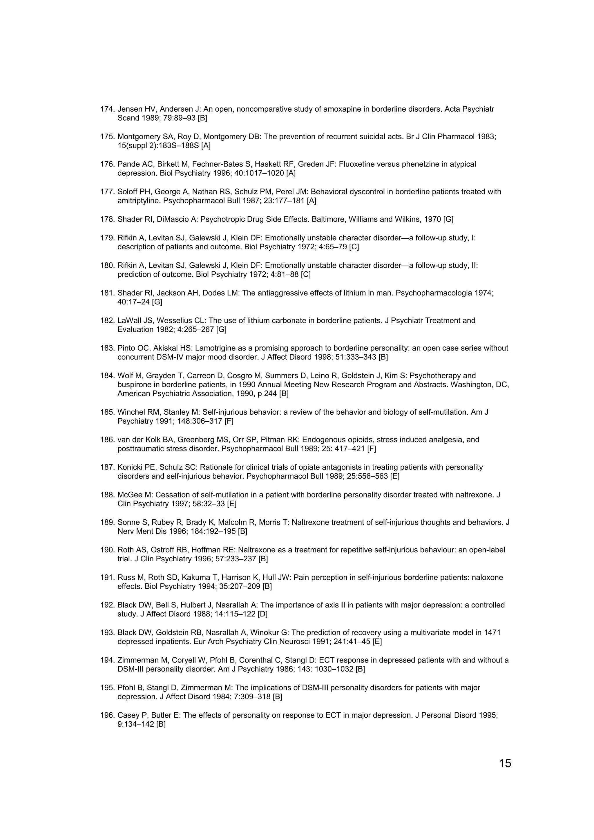 174. Jensen HV, Andersen J: An open, noncomparative study of amoxapine in borderline disorders. Acta Psychiatr
     Scand 1989; 79:89–93 [B]

175. Montgomery SA, Roy D, Montgomery DB: The prevention of recurrent suicidal acts. Br J Clin Pharmacol 1983;
     15(suppl 2):183S–188S [A]

176. Pande AC, Birkett M, Fechner-Bates S, Haskett RF, Greden JF: Fluoxetine versus phenelzine in atypical
     depression. Biol Psychiatry 1996; 40:1017–1020 [A]

177. Soloff PH, George A, Nathan RS, Schulz PM, Perel JM: Behavioral dyscontrol in borderline patients treated with
     amitriptyline. Psychopharmacol Bull 1987; 23:177–181 [A]

178. Shader RI, DiMascio A: Psychotropic Drug Side Effects. Baltimore, Williams and Wilkins, 1970 [G]

179. Rifkin A, Levitan SJ, Galewski J, Klein DF: Emotionally unstable character disorder—a follow-up study, I:
     description of patients and outcome. Biol Psychiatry 1972; 4:65–79 [C]

180. Rifkin A, Levitan SJ, Galewski J, Klein DF: Emotionally unstable character disorder—a follow-up study, II:
     prediction of outcome. Biol Psychiatry 1972; 4:81–88 [C]

181. Shader RI, Jackson AH, Dodes LM: The antiaggressive effects of lithium in man. Psychopharmacologia 1974;
     40:17–24 [G]

182. LaWall JS, Wesselius CL: The use of lithium carbonate in borderline patients. J Psychiatr Treatment and
     Evaluation 1982; 4:265–267 [G]

183. Pinto OC, Akiskal HS: Lamotrigine as a promising approach to borderline personality: an open case series without
     concurrent DSM-IV major mood disorder. J Affect Disord 1998; 51:333–343 [B]

184. Wolf M, Grayden T, Carreon D, Cosgro M, Summers D, Leino R, Goldstein J, Kim S: Psychotherapy and
     buspirone in borderline patients, in 1990 Annual Meeting New Research Program and Abstracts. Washington, DC,
     American Psychiatric Association, 1990, p 244 [B]

185. Winchel RM, Stanley M: Self-injurious behavior: a review of the behavior and biology of self-mutilation. Am J
     Psychiatry 1991; 148:306–317 [F]

186. van der Kolk BA, Greenberg MS, Orr SP, Pitman RK: Endogenous opioids, stress induced analgesia, and
     posttraumatic stress disorder. Psychopharmacol Bull 1989; 25: 417–421 [F]

187. Konicki PE, Schulz SC: Rationale for clinical trials of opiate antagonists in treating patients with personality
     disorders and self-injurious behavior. Psychopharmacol Bull 1989; 25:556–563 [E]

188. McGee M: Cessation of self-mutilation in a patient with borderline personality disorder treated with naltrexone. J
     Clin Psychiatry 1997; 58:32–33 [E]

189. Sonne S, Rubey R, Brady K, Malcolm R, Morris T: Naltrexone treatment of self-injurious thoughts and behaviors. J
     Nerv Ment Dis 1996; 184:192–195 [B]

190. Roth AS, Ostroff RB, Hoffman RE: Naltrexone as a treatment for repetitive self-injurious behaviour: an open-label
     trial. J Clin Psychiatry 1996; 57:233–237 [B]

191. Russ M, Roth SD, Kakuma T, Harrison K, Hull JW: Pain perception in self-injurious borderline patients: naloxone
     effects. Biol Psychiatry 1994; 35:207–209 [B]

192. Black DW, Bell S, Hulbert J, Nasrallah A: The importance of axis II in patients with major depression: a controlled
     study. J Affect Disord 1988; 14:115–122 [D]

193. Black DW, Goldstein RB, Nasrallah A, Winokur G: The prediction of recovery using a multivariate model in 1471
     depressed inpatients. Eur Arch Psychiatry Clin Neurosci 1991; 241:41–45 [E]

194. Zimmerman M, Coryell W, Pfohl B, Corenthal C, Stangl D: ECT response in depressed patients with and without a
     DSM-III personality disorder. Am J Psychiatry 1986; 143: 1030–1032 [B]

195. Pfohl B, Stangl D, Zimmerman M: The implications of DSM-III personality disorders for patients with major
     depression. J Affect Disord 1984; 7:309–318 [B]

196. Casey P, Butler E: The effects of personality on response to ECT in major depression. J Personal Disord 1995;
     9:134–142 [B]




                                                                                                                        15
 