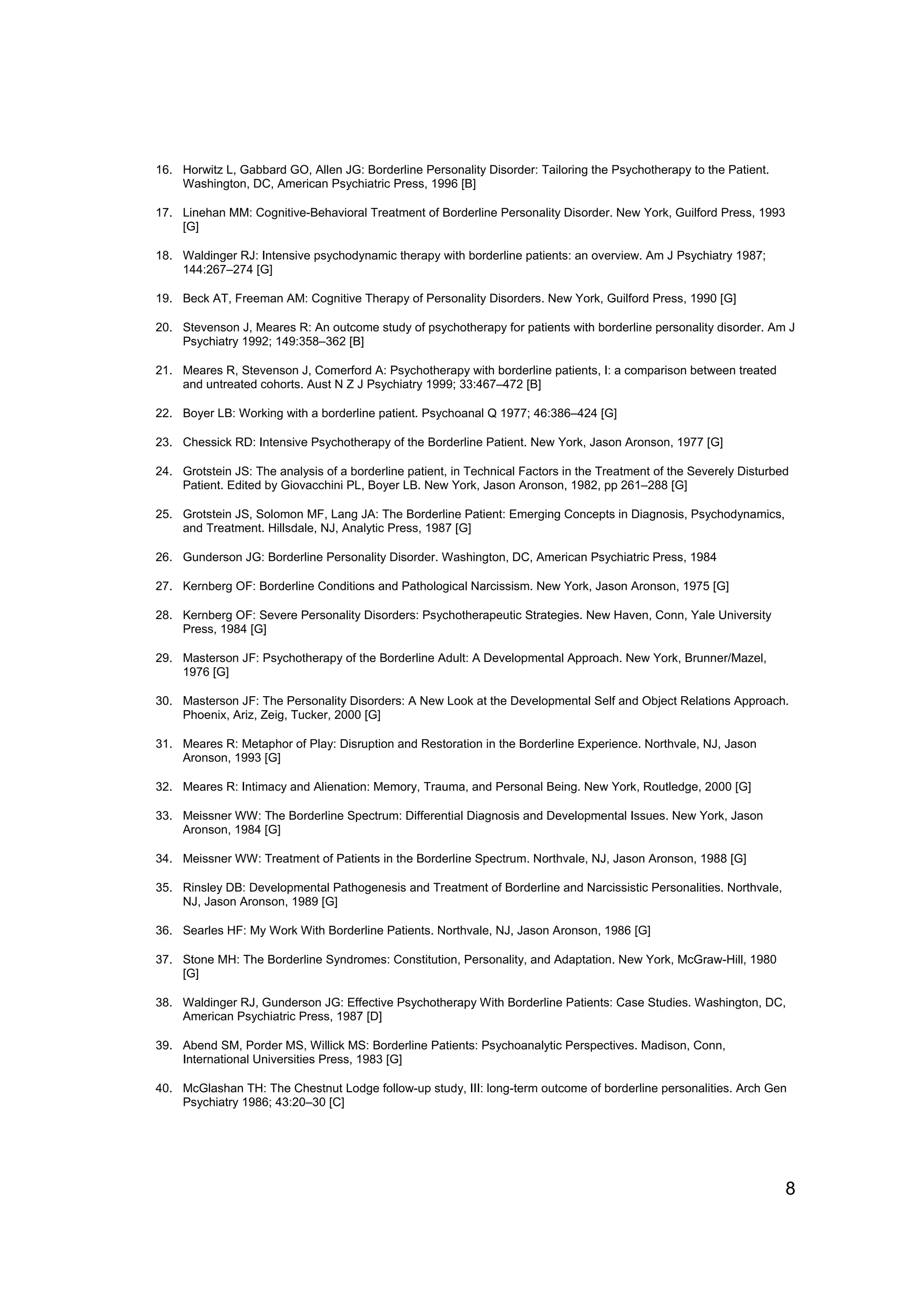 16. Horwitz L, Gabbard GO, Allen JG: Borderline Personality Disorder: Tailoring the Psychotherapy to the Patient.
    Washington, DC, American Psychiatric Press, 1996 [B]

17. Linehan MM: Cognitive-Behavioral Treatment of Borderline Personality Disorder. New York, Guilford Press, 1993
    [G]

18. Waldinger RJ: Intensive psychodynamic therapy with borderline patients: an overview. Am J Psychiatry 1987;
    144:267–274 [G]

19. Beck AT, Freeman AM: Cognitive Therapy of Personality Disorders. New York, Guilford Press, 1990 [G]

20. Stevenson J, Meares R: An outcome study of psychotherapy for patients with borderline personality disorder. Am J
    Psychiatry 1992; 149:358–362 [B]

21. Meares R, Stevenson J, Comerford A: Psychotherapy with borderline patients, I: a comparison between treated
    and untreated cohorts. Aust N Z J Psychiatry 1999; 33:467–472 [B]

22. Boyer LB: Working with a borderline patient. Psychoanal Q 1977; 46:386–424 [G]

23. Chessick RD: Intensive Psychotherapy of the Borderline Patient. New York, Jason Aronson, 1977 [G]

24. Grotstein JS: The analysis of a borderline patient, in Technical Factors in the Treatment of the Severely Disturbed
    Patient. Edited by Giovacchini PL, Boyer LB. New York, Jason Aronson, 1982, pp 261–288 [G]

25. Grotstein JS, Solomon MF, Lang JA: The Borderline Patient: Emerging Concepts in Diagnosis, Psychodynamics,
    and Treatment. Hillsdale, NJ, Analytic Press, 1987 [G]

26. Gunderson JG: Borderline Personality Disorder. Washington, DC, American Psychiatric Press, 1984

27. Kernberg OF: Borderline Conditions and Pathological Narcissism. New York, Jason Aronson, 1975 [G]

28. Kernberg OF: Severe Personality Disorders: Psychotherapeutic Strategies. New Haven, Conn, Yale University
    Press, 1984 [G]

29. Masterson JF: Psychotherapy of the Borderline Adult: A Developmental Approach. New York, Brunner/Mazel,
    1976 [G]

30. Masterson JF: The Personality Disorders: A New Look at the Developmental Self and Object Relations Approach.
    Phoenix, Ariz, Zeig, Tucker, 2000 [G]

31. Meares R: Metaphor of Play: Disruption and Restoration in the Borderline Experience. Northvale, NJ, Jason
    Aronson, 1993 [G]

32. Meares R: Intimacy and Alienation: Memory, Trauma, and Personal Being. New York, Routledge, 2000 [G]

33. Meissner WW: The Borderline Spectrum: Differential Diagnosis and Developmental Issues. New York, Jason
    Aronson, 1984 [G]

34. Meissner WW: Treatment of Patients in the Borderline Spectrum. Northvale, NJ, Jason Aronson, 1988 [G]

35. Rinsley DB: Developmental Pathogenesis and Treatment of Borderline and Narcissistic Personalities. Northvale,
    NJ, Jason Aronson, 1989 [G]

36. Searles HF: My Work With Borderline Patients. Northvale, NJ, Jason Aronson, 1986 [G]

37. Stone MH: The Borderline Syndromes: Constitution, Personality, and Adaptation. New York, McGraw-Hill, 1980
    [G]

38. Waldinger RJ, Gunderson JG: Effective Psychotherapy With Borderline Patients: Case Studies. Washington, DC,
    American Psychiatric Press, 1987 [D]

39. Abend SM, Porder MS, Willick MS: Borderline Patients: Psychoanalytic Perspectives. Madison, Conn,
    International Universities Press, 1983 [G]

40. McGlashan TH: The Chestnut Lodge follow-up study, III: long-term outcome of borderline personalities. Arch Gen
    Psychiatry 1986; 43:20–30 [C]




                                                                                                                      8
 