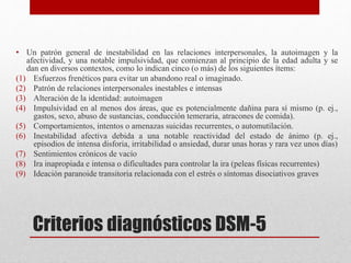 Criterios diagnósticos DSM-5
• Un patrón general de inestabilidad en las relaciones interpersonales, la autoimagen y la
afectividad, y una notable impulsividad, que comienzan al principio de la edad adulta y se
dan en diversos contextos, como lo indican cinco (o más) de los siguientes ítems:
(1) Esfuerzos frenéticos para evitar un abandono real o imaginado.
(2) Patrón de relaciones interpersonales inestables e intensas
(3) Alteración de la identidad: autoimagen
(4) Impulsividad en al menos dos áreas, que es potencialmente dañina para sí mismo (p. ej.,
gastos, sexo, abuso de sustancias, conducción temeraria, atracones de comida).
(5) Comportamientos, intentos o amenazas suicidas recurrentes, o automutilación.
(6) Inestabilidad afectiva debida a una notable reactividad del estado de ánimo (p. ej.,
episodios de intensa disforia, irritabilidad o ansiedad, durar unas horas y rara vez unos días)
(7) Sentimientos crónicos de vacío
(8) Ira inapropiada e intensa o dificultades para controlar la ira (peleas físicas recurrentes)
(9) Ideación paranoide transitoria relacionada con el estrés o síntomas disociativos graves
 