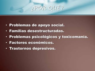 ¿POR QUÉ?


• Problemas de apoyo social.
• Familias desestructuradas.
• Problemas psicológicos y toxicomanía.
• Factores económicos.
• Trastornos depresivos.
 