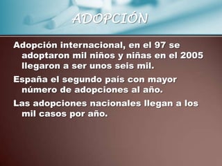 ADOPCIÓN

Adopción internacional, en el 97 se
 adoptaron mil niños y niñas en el 2005
 llegaron a ser unos seis mil.
España el segundo país con mayor
 número de adopciones al año.
Las adopciones nacionales llegan a los
 mil casos por año.
 