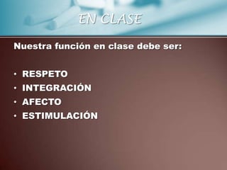 EN CLASE

Nuestra función en clase debe ser:


• RESPETO
• INTEGRACIÓN
• AFECTO
• ESTIMULACIÓN
 