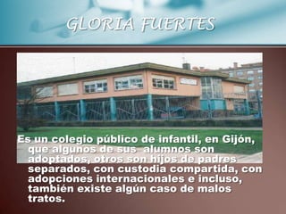 GLORIA FUERTES




Es un colegio público de infantil, en Gijón,
  que algunos de sus alumnos son
  adoptados, otros son hijos de padres
  separados, con custodia compartida, con
  adopciones internacionales e incluso,
  también existe algún caso de malos
  tratos.
 