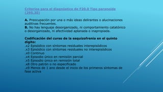 Criterios para el diagnóstico de F20.0 Tipo paranoide
(295.30)
A. Preocupación por una o más ideas delirantes o alucinaciones
auditivas frecuentes.
B. No hay lenguaje desorganizado, ni comportamiento catatónico
o desorganizado, ni afectividad aplanada o inapropiada.
Codificación del curso de la esquizofrenia en el quinto
dígito:
.x2 Episódico con síntomas residuales interepisódicos
.x3 Episódico con síntomas residuales no interepisódicos
.x0 Continuo
.x4 Episodio único en remisión parcial
.x5 Episodio único en remisión total
.x8 Otro patrón o no especificado
.x9 Menos de 1 ano desde el inicio de los primeros síntomas de
fase activa
 