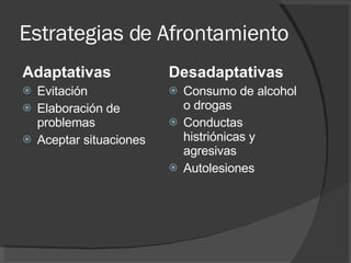 Estrategias de Afrontamiento <ul><li>Adaptativas </li></ul><ul><li>Evitación  </li></ul><ul><li>Elaboración de problemas  ...