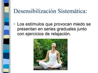 Desensibilización Sistemática: Los estímulos que provocan miedo se presentan en series graduales junto con ejercicios de relajación. 