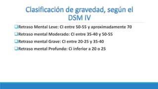 Retraso Mental Leve: CI entre 50-55 y aproximadamente 70
Retraso mental Moderado: CI entre 35-40 y 50-55
Retraso mental Grave: CI entre 20-25 y 35-40
Retraso mental Profundo: Ci inferior a 20 o 25
 