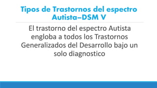 El trastorno del espectro Autista
engloba a todos los Trastornos
Generalizados del Desarrollo bajo un
solo diagnostico
Tipos de Trastornos del espectro
Autista–DSM V
 