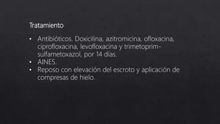Tratamiento
• Antibióticos. Doxicilina, azitromicina, ofloxacina,
ciprofloxacina, levofloxacina y trimetoprim-
sulfametoxazol, por 14 días.
• AINES.
• Reposo con elevación del escroto y aplicación de
compresas de hielo.
 