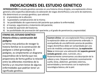 INTRODUCCIÓN El estudio genético consiste en una historia clínica dirigida, una exploración clínica
general y otra especifica (destinada a la valoración de rasgos dismórficos) y una serie de exámenes.
Ello determinará un consejo genético, que valorará:
1) el pronóstico de la afección;
2) la gravedad y complicaciones de la misma;
3) las posibilidades de supervivencia del paciente que padece la enfermedad;
4) el manejo, seguimiento y tratamiento del paciente;
5) la edad de aparición del trastorno;
6) las posibilidades de procreación del apaciente; y el grado de penetrancia y expresividad.
ETAPAS DEL ESTUDIO GENÉTICO
Historia clínica y construcción del
pedigree
La forma mas práctica de recoger la
historia familiar es la construcción de
pedigree o árbol genealógico. El
pedigree, es simplemente un diagrama
esquemático de la familia que nos
proporciona de forma gráfica la relación
entre los diferentes miembros de la
familia y un resumen breve de algunas
enfermedades que podrían tener un
significado genético.
Examen clínico: ser una exploración física completa,
la exploración debe ser estrictamente ordenada. ir
acompañada de una definición precisa de posibles
rasgos dismórficos debe ser comprobada por una
serie de medidas antropométricas, La exploración
física se inicia por una valoración del aspecto general
(estado general, color, nutrición, etc.).
Posteriormente comenzamos una descripción de la
cabeza y cara. Después valoramos sucesivamente
cuello, tórax, abdomen, genitales externos,
extremidades y terminamos con la exploración
neurológica básica y de la piel.
INDICACIONES DEL ESTUDIO GENETICO
 