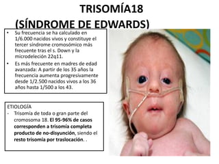 TRISOMÍA18
(SÍNDROME DE EDWARDS)
• Su frecuencia se ha calculado en
1/6.000 nacidos vivos y constituye el
tercer síndrome cromosómico más
frecuente tras el s. Down y la
microdeleción 22q11.
• Es más frecuente en madres de edad
avanzada: A partir de los 35 años la
frecuencia aumenta progresivamente
desde 1/2.500 nacidos vivos a los 36
años hasta 1/500 a los 43.
ETIOLOGÍA
- Trisomía de toda o gran parte del
cromosoma 18. El 95-96% de casos
corresponden a trisomía completa
producto de no-disyunción, siendo el
resto trisomía por traslocación. .
 