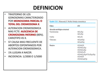 DEFINICION
• TRASTORNO DE LOS
GONOSOMAS CARACTERIZADO
POR MONOSOMIA PARCIAL O
TOTAL DEL CROMOSOMA X.
• ALTERACION CROMOSOMICA
MAS FCTE: AUSCENCIA DE
CROMOSOMA PATERNO (80%).
CARIOTIPO 45 X.
• ST CAUSA MAS FRECUENTE DE
ABORTOS ESPONTANEOS POR
ALTERACION CROMOSOMICA.
• 1% LLEGAN A NACER.
• INCIDENCIA: 1/2000 O 1/5000
 