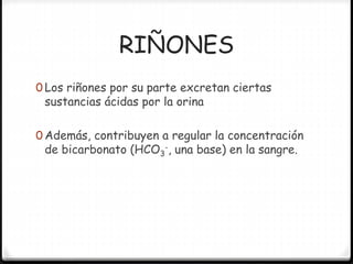 RIÑONES
0 Los riñones por su parte excretan ciertas
sustancias ácidas por la orina
0 Además, contribuyen a regular la concentración
de bicarbonato (HCO3
-, una base) en la sangre.
 