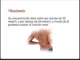 0 Bicarbonato
Su concentración debe estar por encima de 22
mmol/L y por debajo de 26 mmol/L a través de él
podemos evaluar la función renal
 