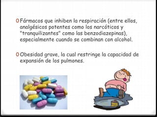 0 Fármacos que inhiben la respiración (entre ellos,
analgésicos potentes como los narcóticos y
"tranquilizantes" como las benzodiazepinas),
especialmente cuando se combinan con alcohol.
0 Obesidad grave, la cual restringe la capacidad de
expansión de los pulmones.
 