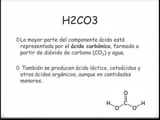 H2CO3
0 La mayor parte del componente ácido está
representada por el ácido carbónico, formado a
partir de dióxido de carbono (CO2) y agua.
0 También se producen ácido láctico, cetoácidos y
otros ácidos orgánicos, aunque en cantidades
menores.
 