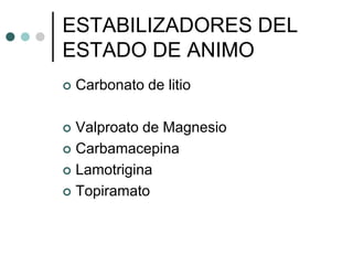 ESTABILIZADORES DEL
ESTADO DE ANIMO
   Carbonato de litio

 Valproato de Magnesio
 Carbamacepina

 Lamotrigina

 Topiramato
 